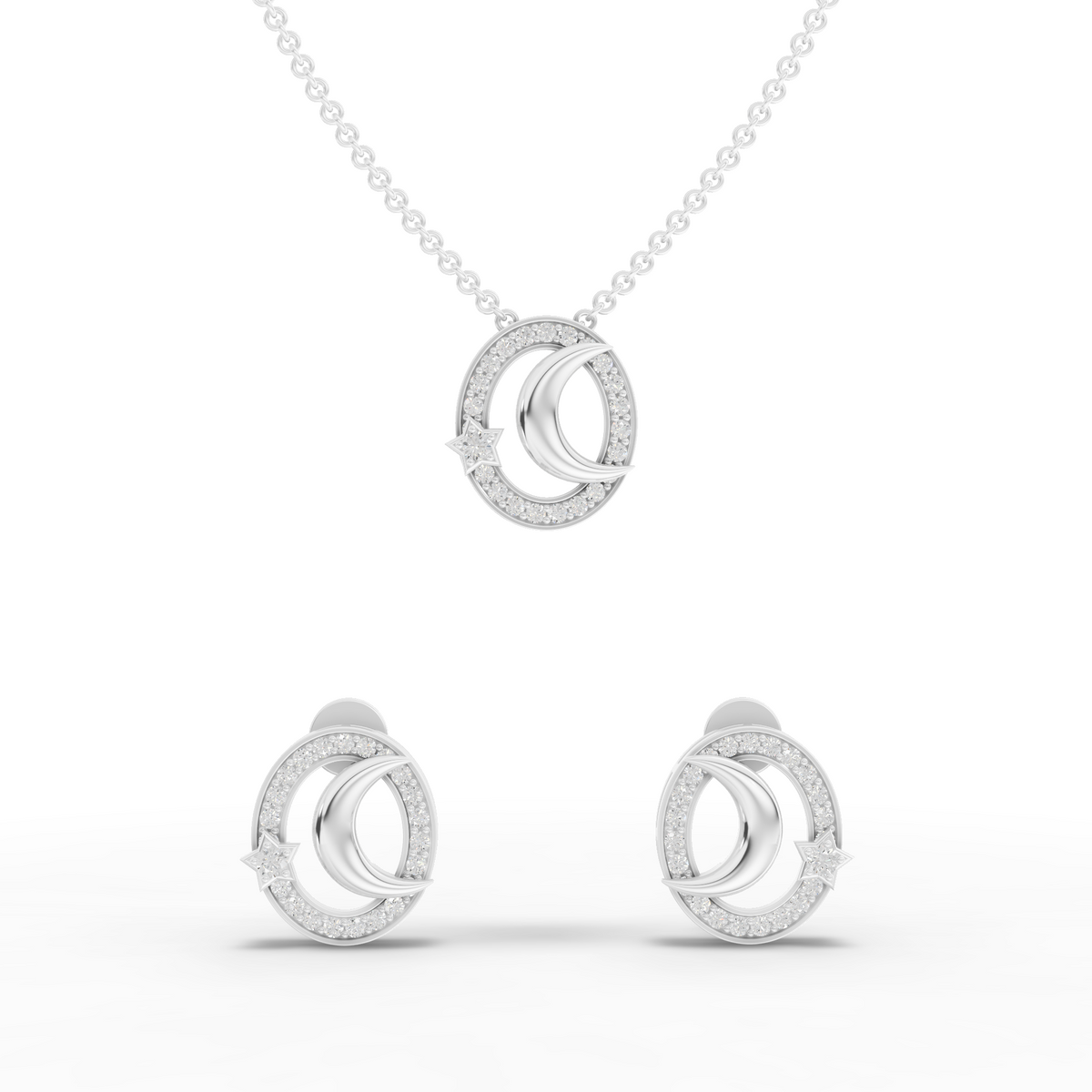 Celestial Lab Grown Diamond Moon and Star Jewelry Set with Halo Pendant and Earrings