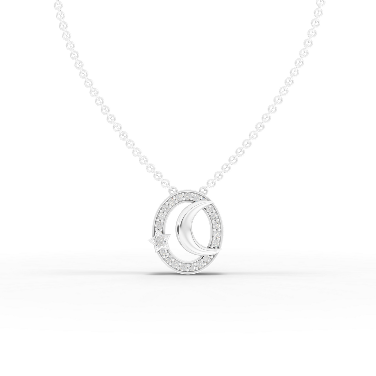 0.21 Ct Celestial Moon & Star Halo Lab Diamond Pendant Necklace