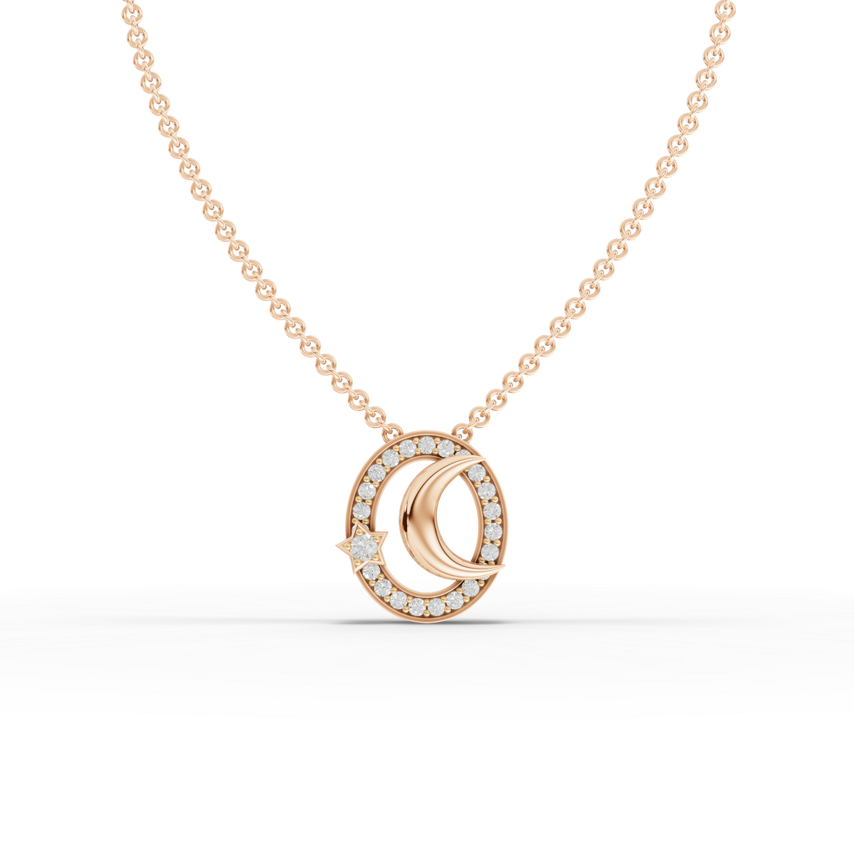 Lab Grown Diamond Crescent Moon and Star Halo Pendant Necklace