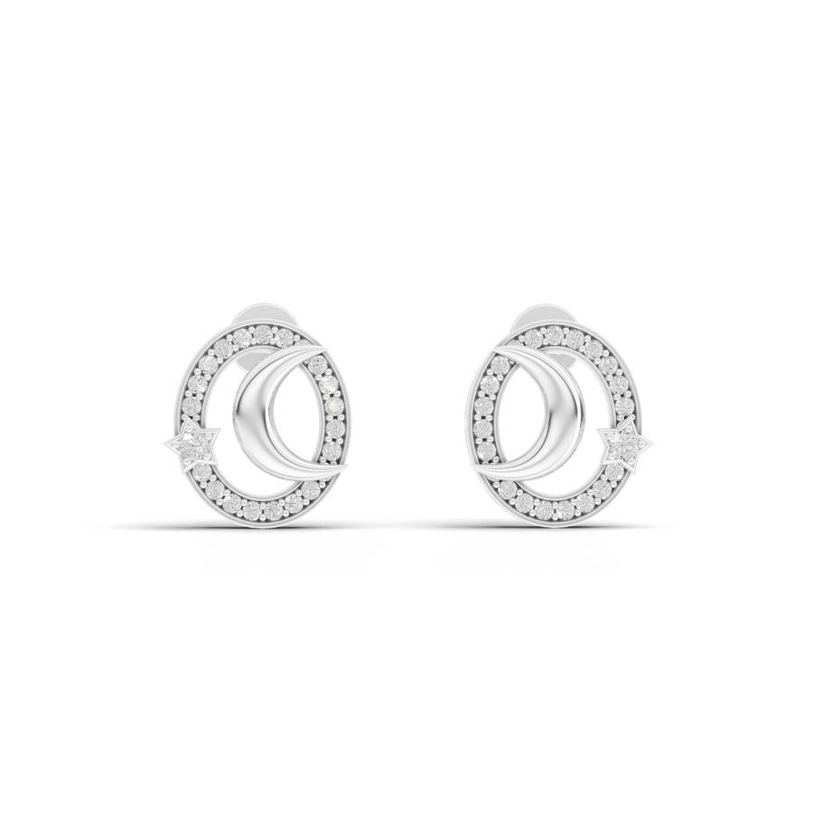 0.42 ct celestial moon and star halo lab diamond stud earrings with circular frame and screw backs