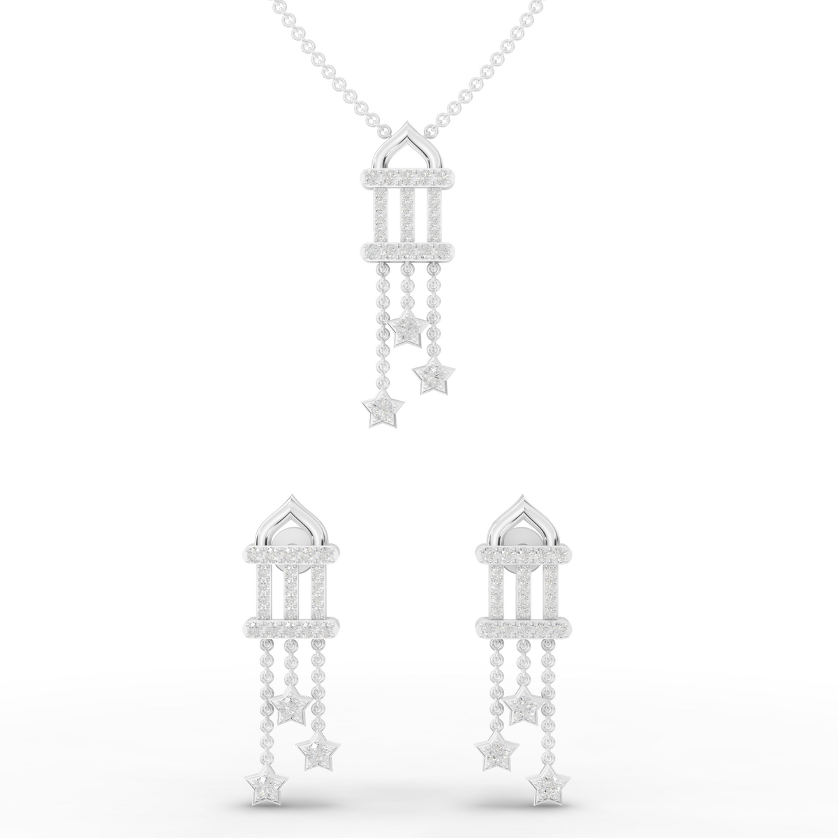 Lab Grown Diamond Star Drop Necklace and Earrings Jewelry Set with Pavé Bar and Chain Tassels