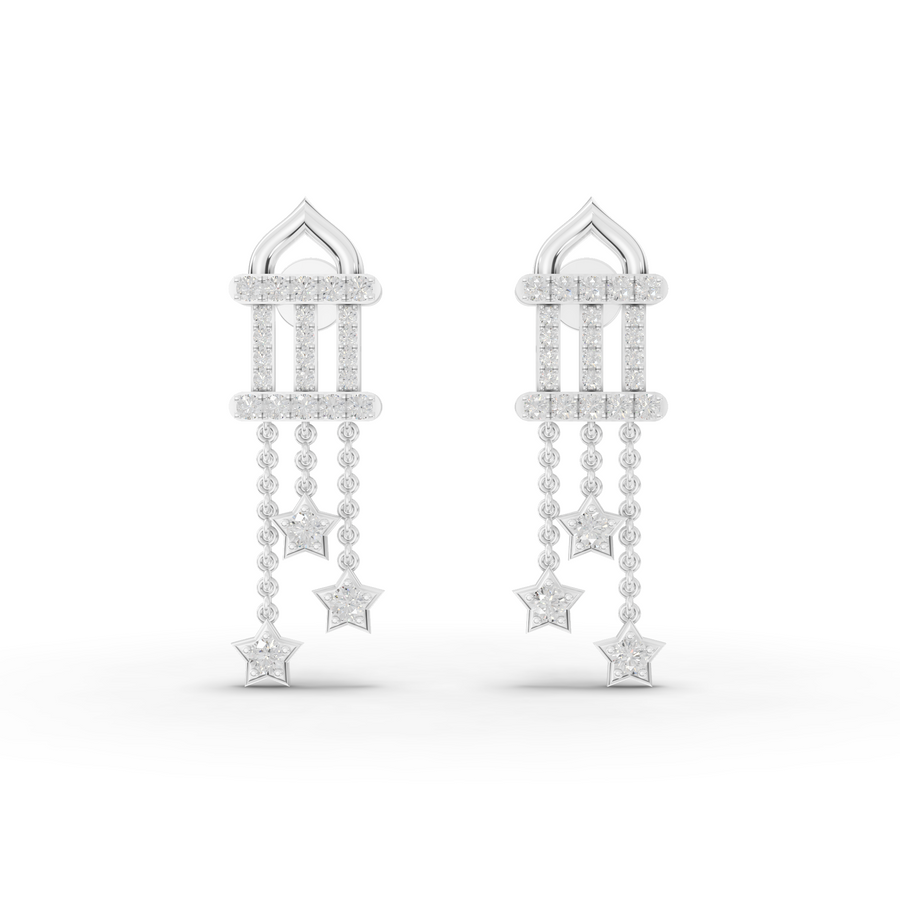 0.95 ct Celestial Star Chain Drop lab diamond earrings with pavé bar, star pendant, triple chain dangle, and screw backs