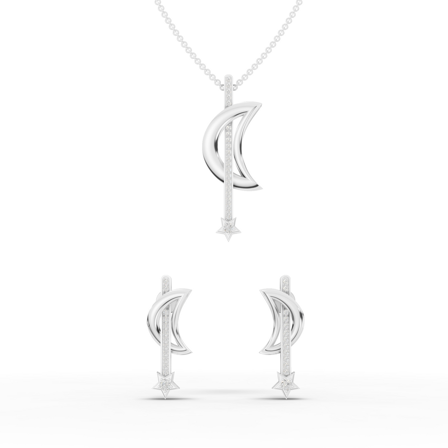 0.55 Ct Celestial Moon & Star lab diamond jewellery set with round pendant necklace and matching screw-back earrings