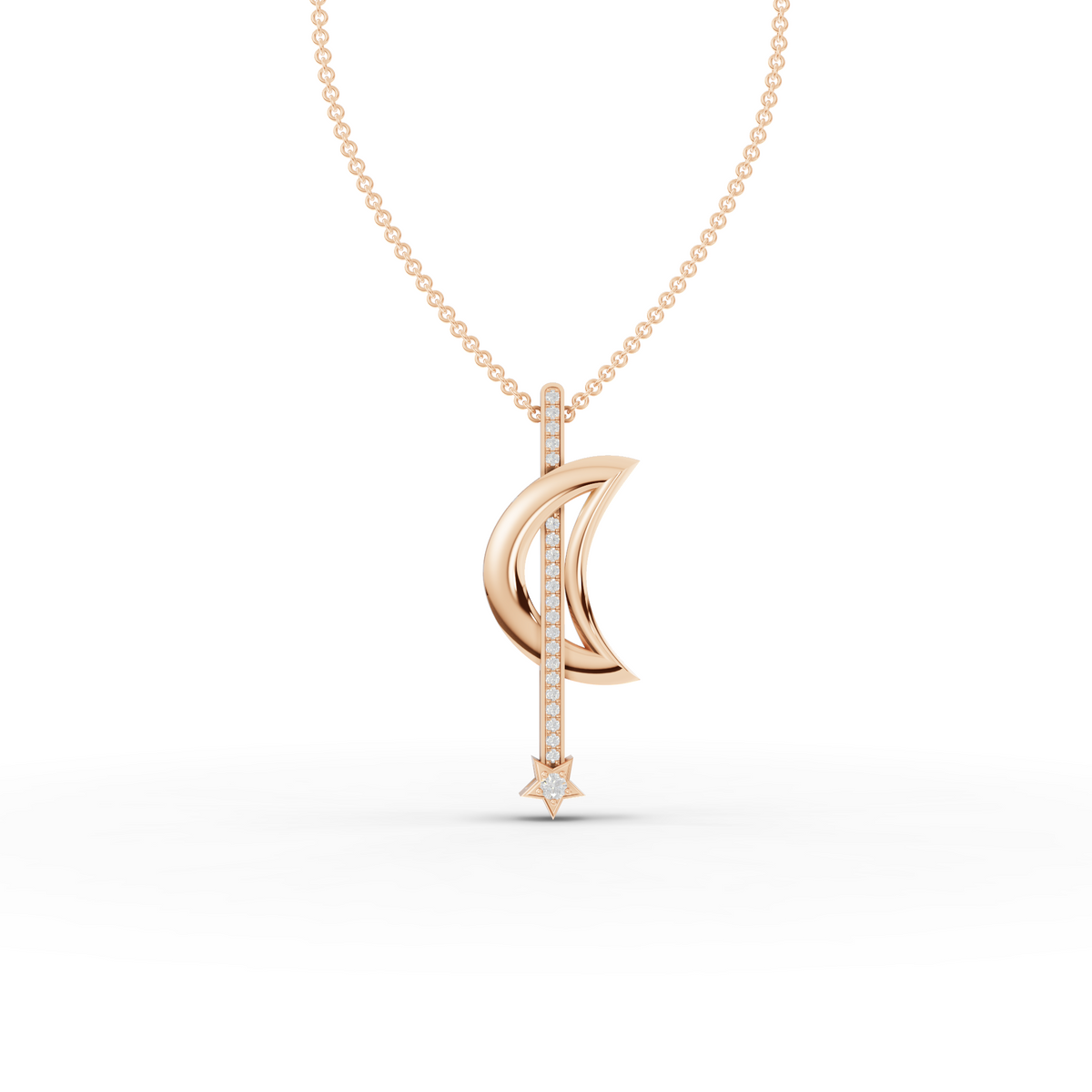 Modern Lab Grown Diamond Crescent Moon & Vertical Bar Star Pendant Necklace