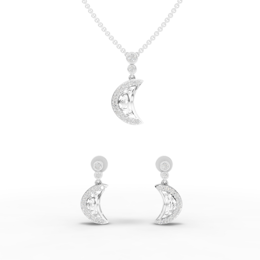 0.94 ct celestial crescent moon lab diamond jewelry set with round lab-grown diamond pendant and matching screw-back earrings