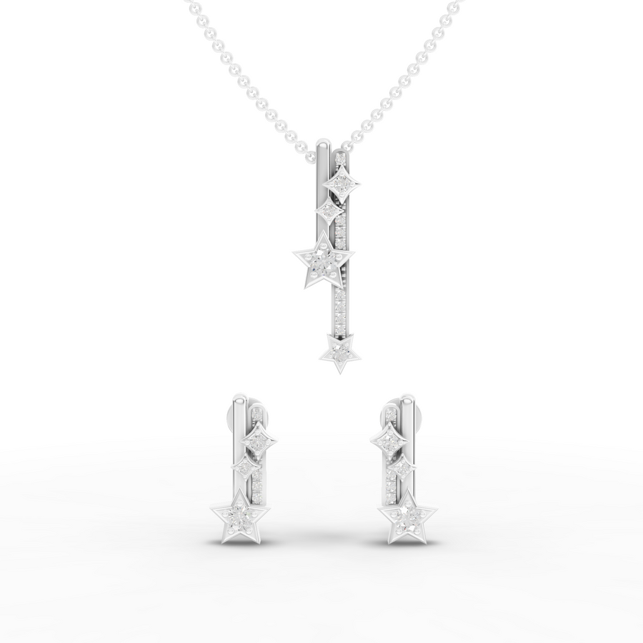 0.71 Ct Celestial Star Bar lab diamond jewellery set with round diamond pendant necklace and matching screw-back earrings
