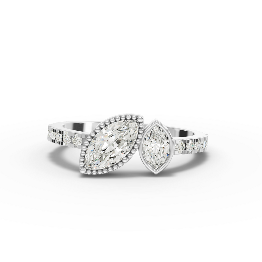 0.72 ct marquise two-stone lab diamond ring with bezel setting, bypass silhouette, and side pavé band