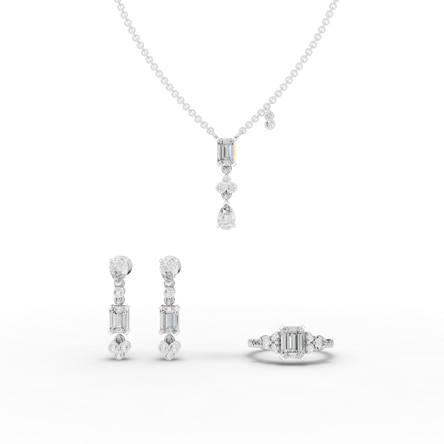 5.56 ct pear and emerald lab diamond jewellery set with pendant, earrings and cluster ring