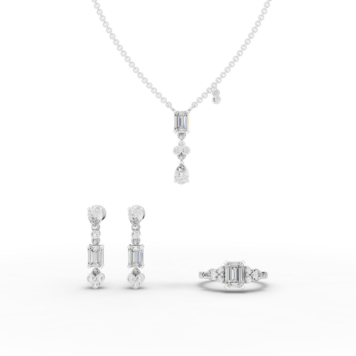 5.56 Ct Pear & Emerald Lab Diamond Jewelry Set with Pendant, Earrings & Cluster Ring