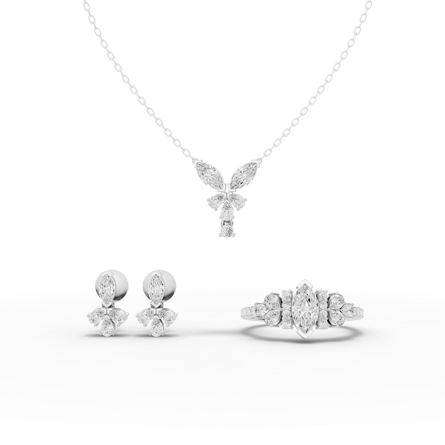 2.04 ct marquise lab diamond floral jewellery set with pendant earrings and pavé ring in pear marquise and emerald cuts