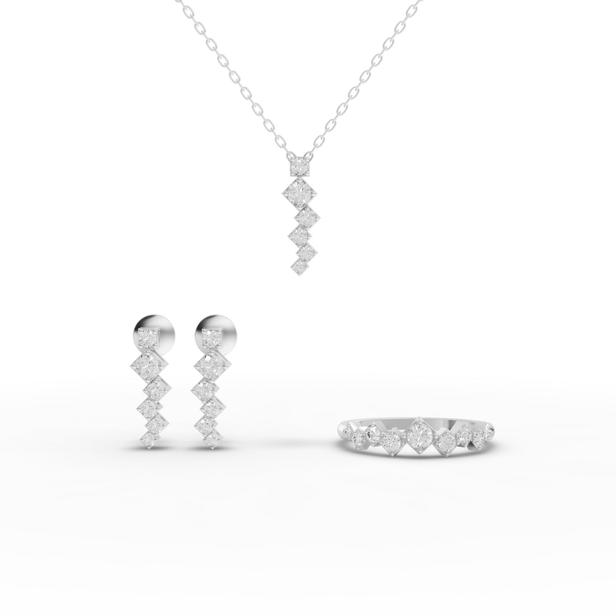1.04 ct round lab diamond jewellery set with geometric pendant, eternity band ring, and matching drop earrings