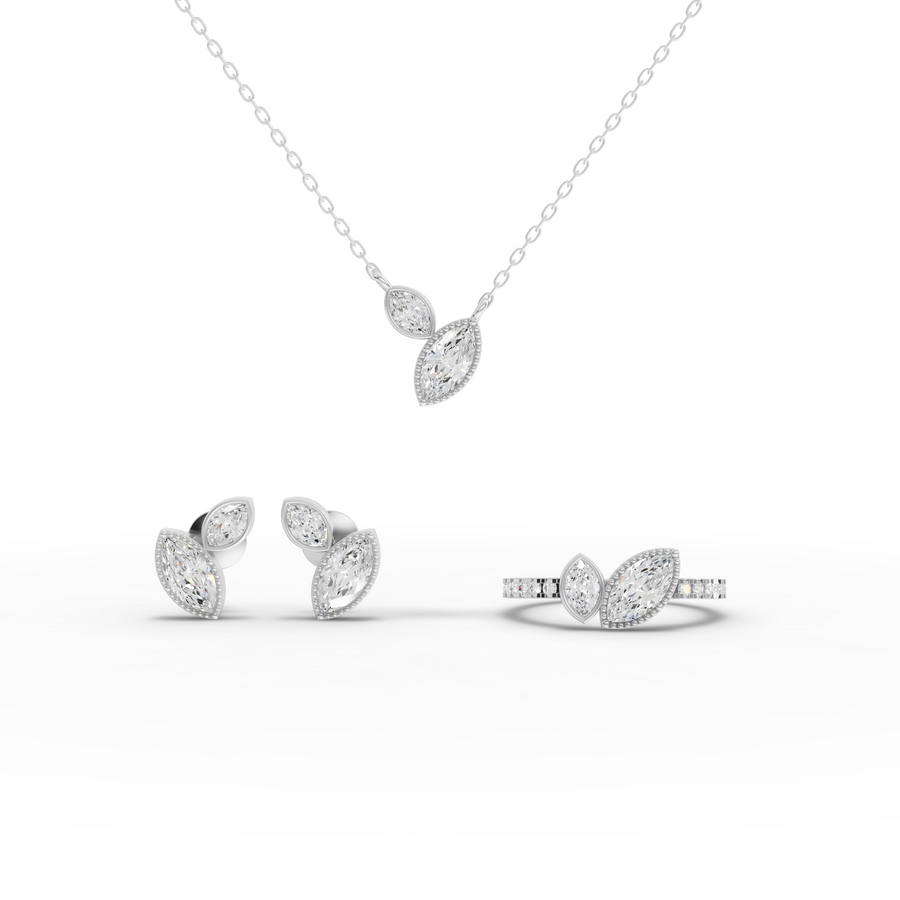 2.41 ct marquise lab diamond jewelry set with bezel pendant, stud earrings, and pavé bypass ring