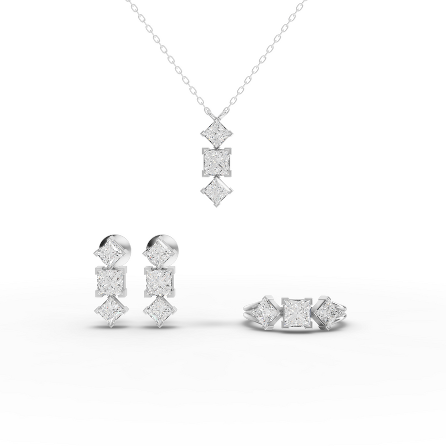 7.93 ct princess-cut lab grown diamond jewellery set with geometric pendant necklace, drop earrings, and three-stone ring