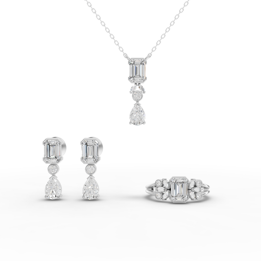 6.39 ct lab grown diamond jewellery set with emerald-cut necklace, drop earrings and floral cluster ring