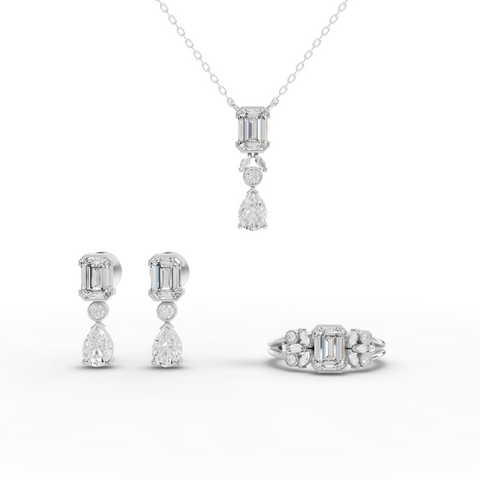 6.39 Ct Emerald & Pear Lab Diamond Jewelry Set with Necklace, Earrings & Cluster Ring
