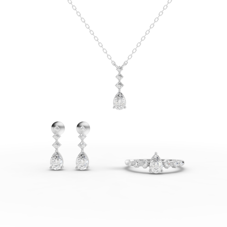 1.73 ct pear lab diamond jewellery set with drop necklace, matching earrings, and geometric ring with round accents