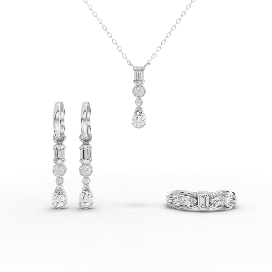 2.85 ct mixed shape lab grown diamond jewelry set with emerald drop necklace, matching earrings, and accent ring