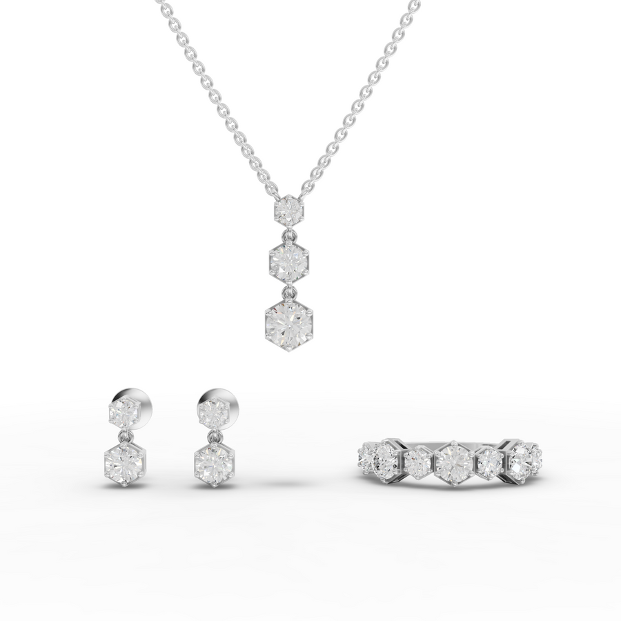 2.62 ct hexagon lab diamond jewelry set with round diamond drop earrings, pendant necklace, and eternity band