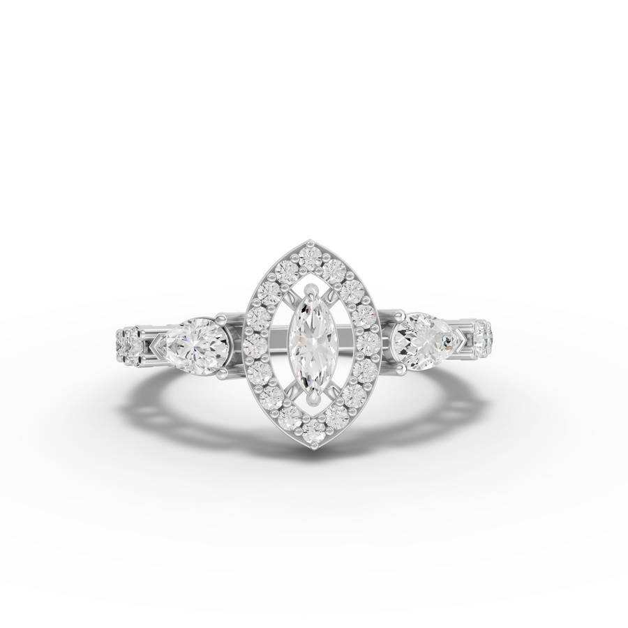 0.71 ct pear halo lab diamond ring with hexagon accents, pavé band, and open wrap setting