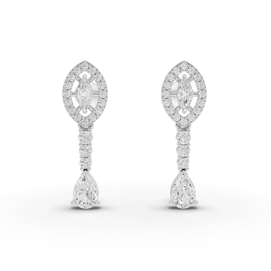 1.37 ct marquise halo pear drop lab diamond earrings with halo setting and screw backs