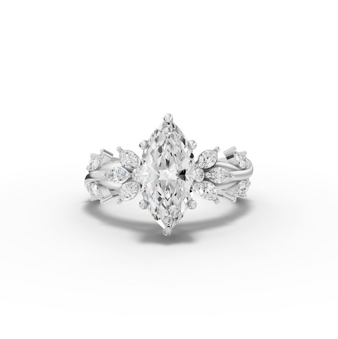 3.02 Ct Marquise Cut Lab Grown Diamond Engagement Ring with Floral Side Stones