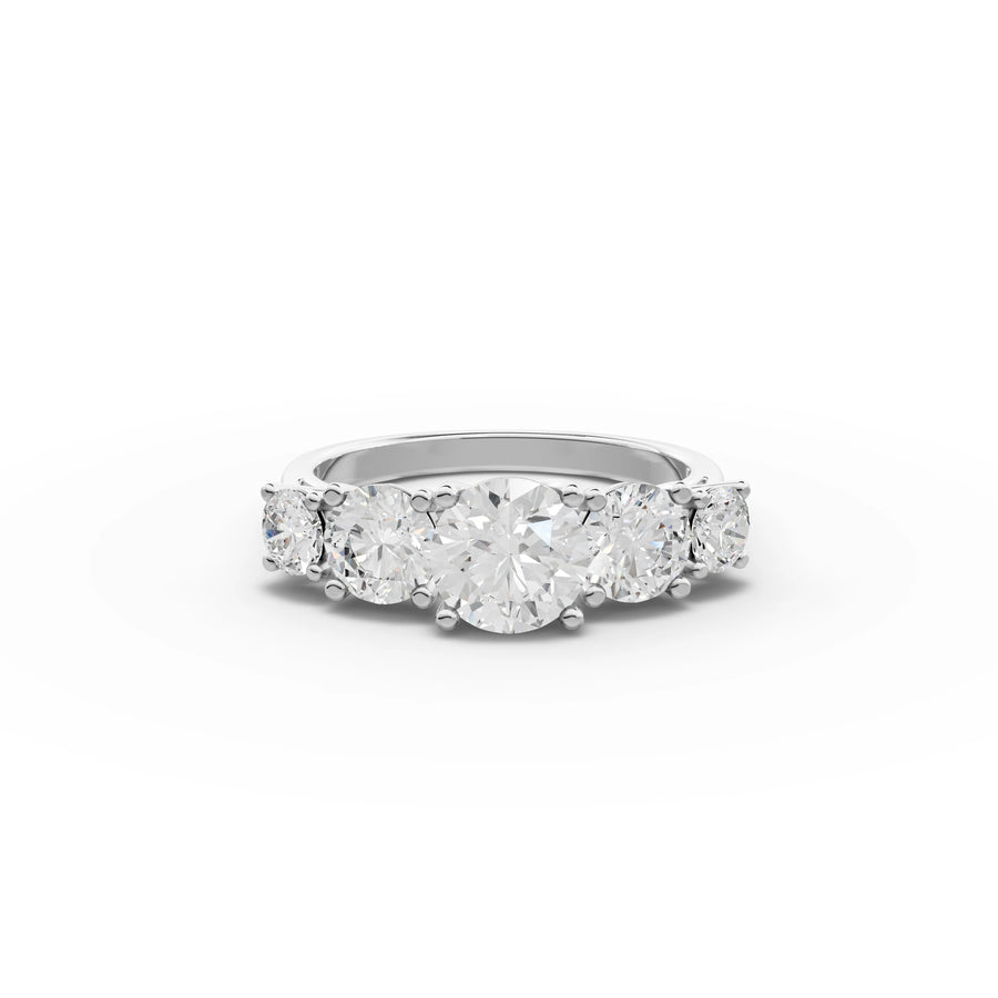 2.44 ct round five stone lab diamond ring with 1 ct center diamond in a symmetrical linear band setting