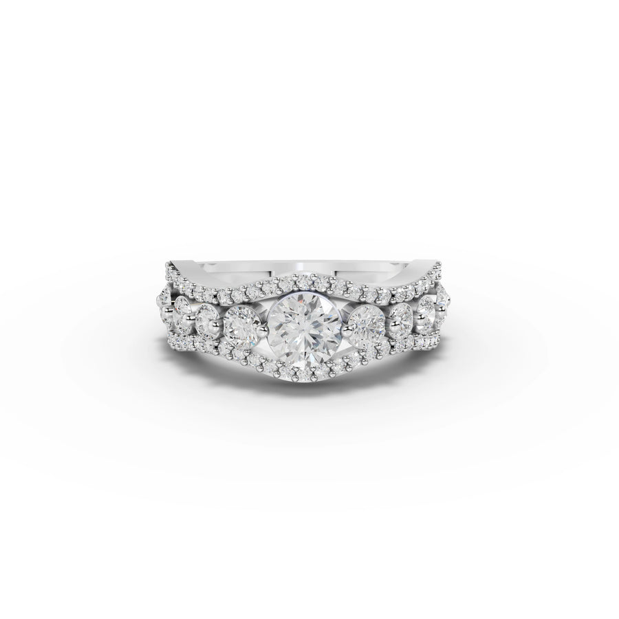1.66 Ct round lab grown diamond statement ring with double halo and pavé band