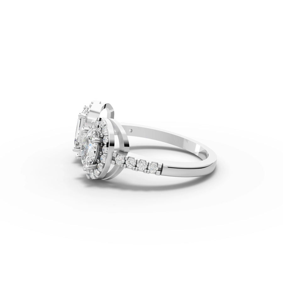 Mismatched halo diamond ring white gold angle