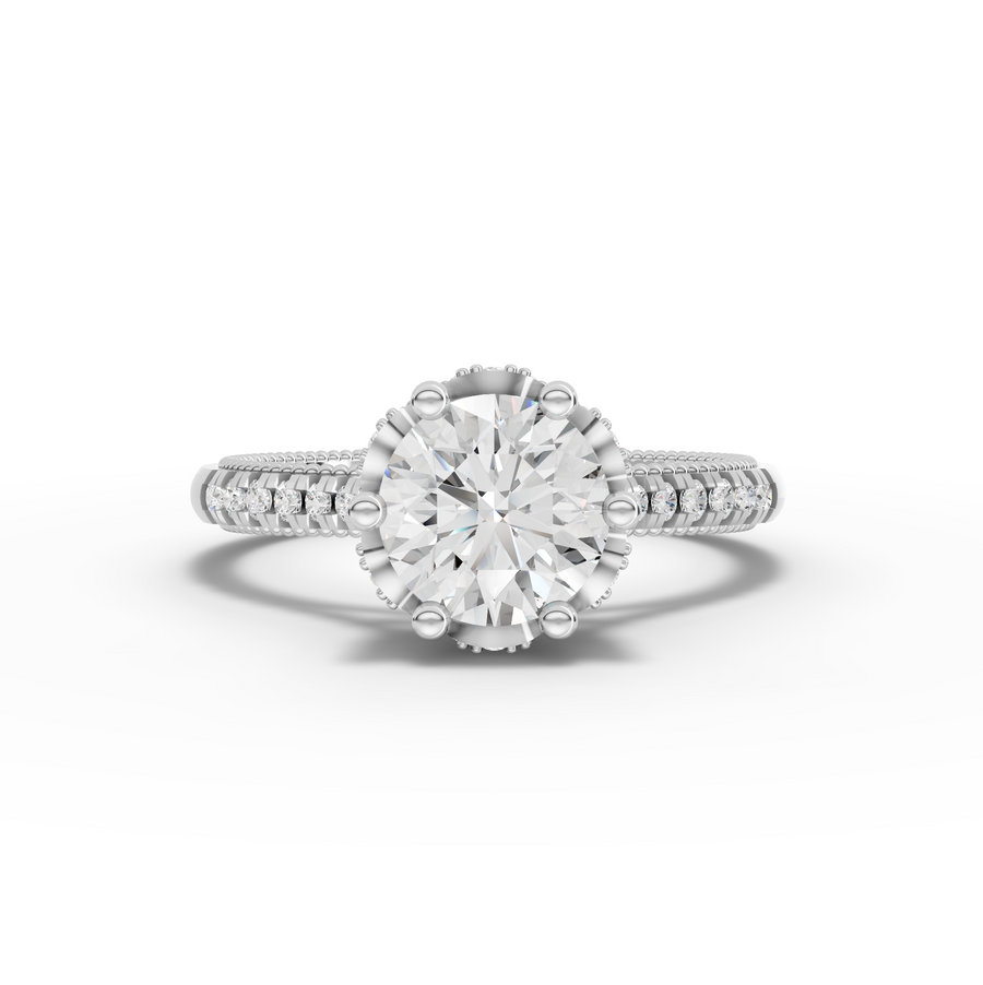1.41 ct round lab diamond ring with 1.00 ct center, hidden halo, and milgrain vintage-inspired band