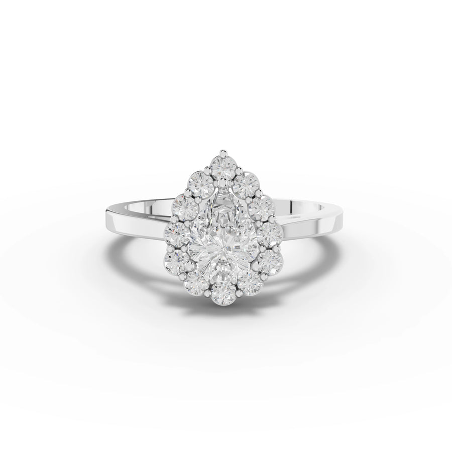 1.12 ct pear halo lab diamond ring with 0.75 ct center stone and floral cluster setting