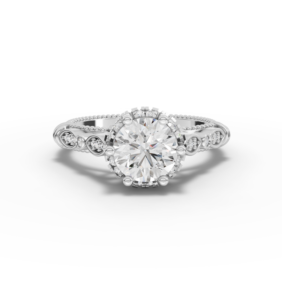 1.19 ct round solitaire lab diamond ring with 1.00 ct center, hidden halo, and vintage milgrain detailing