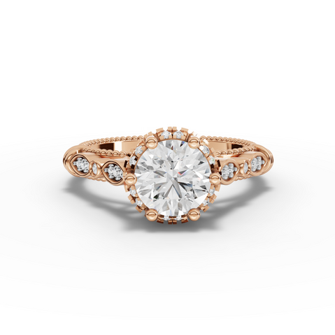 1.19 Ct Vintage Milgrain Round Cut Lab Grown Diamond Engagement Ring with Hidden Halo