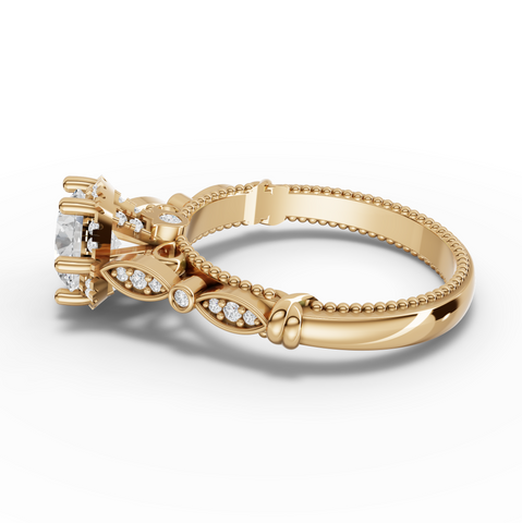 1.19 Ct Vintage Milgrain Round Cut Lab Grown Diamond Engagement Ring with Hidden Halo