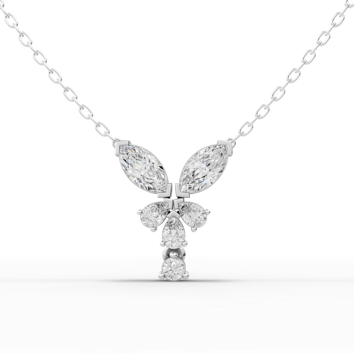 Marquise-Cut Lab-Grown Diamond Floral Jewelry Set: Drop Pendant Necklace, Stud Earrings & Pavé Ring