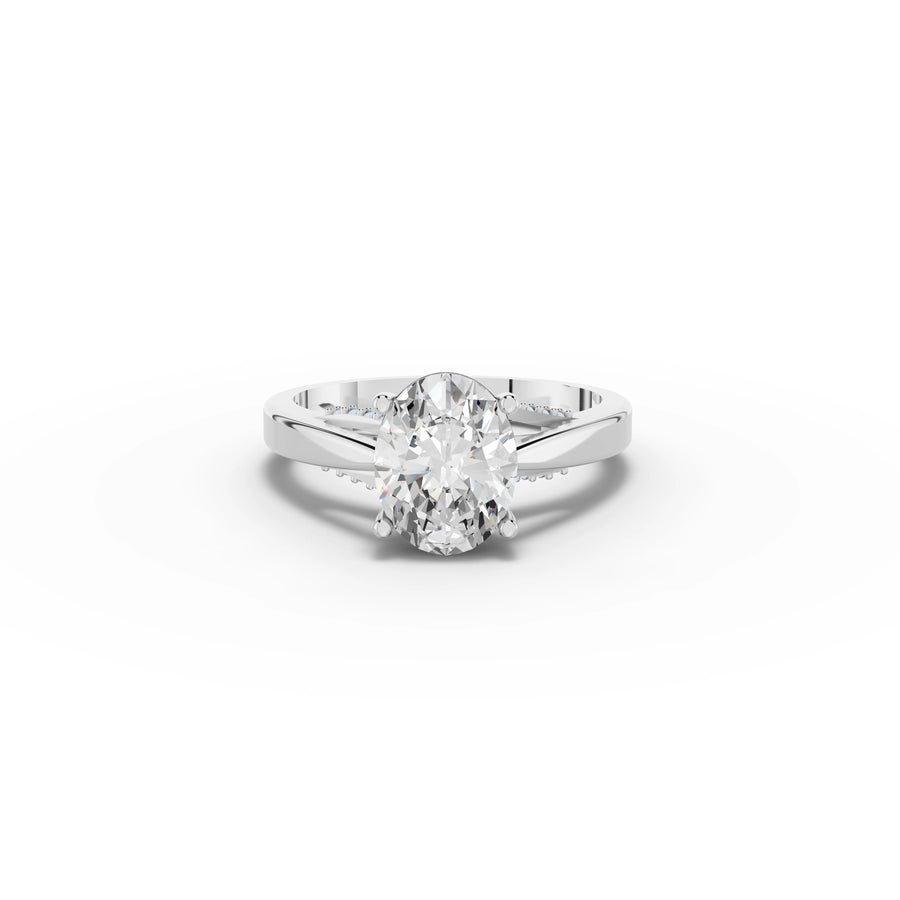 2.60 ct oval solitaire lab diamond ring with 1.50 ct center and hidden halo on a polished band