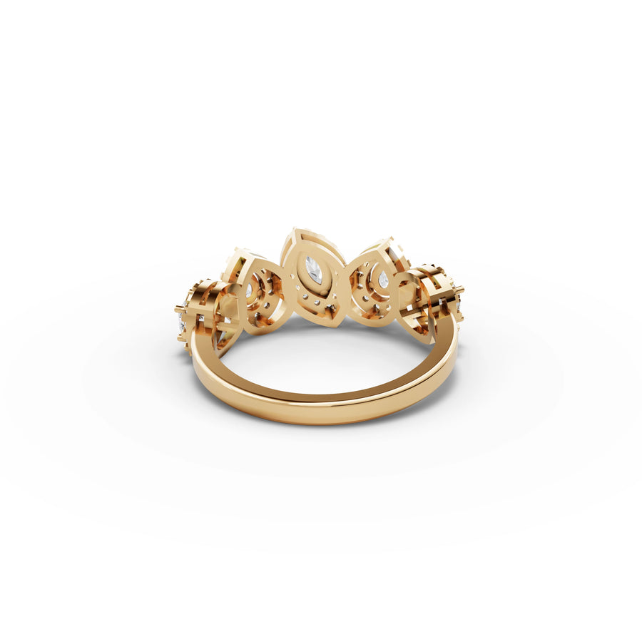 Lab-grown marquise cluster ring yellow gold close-up