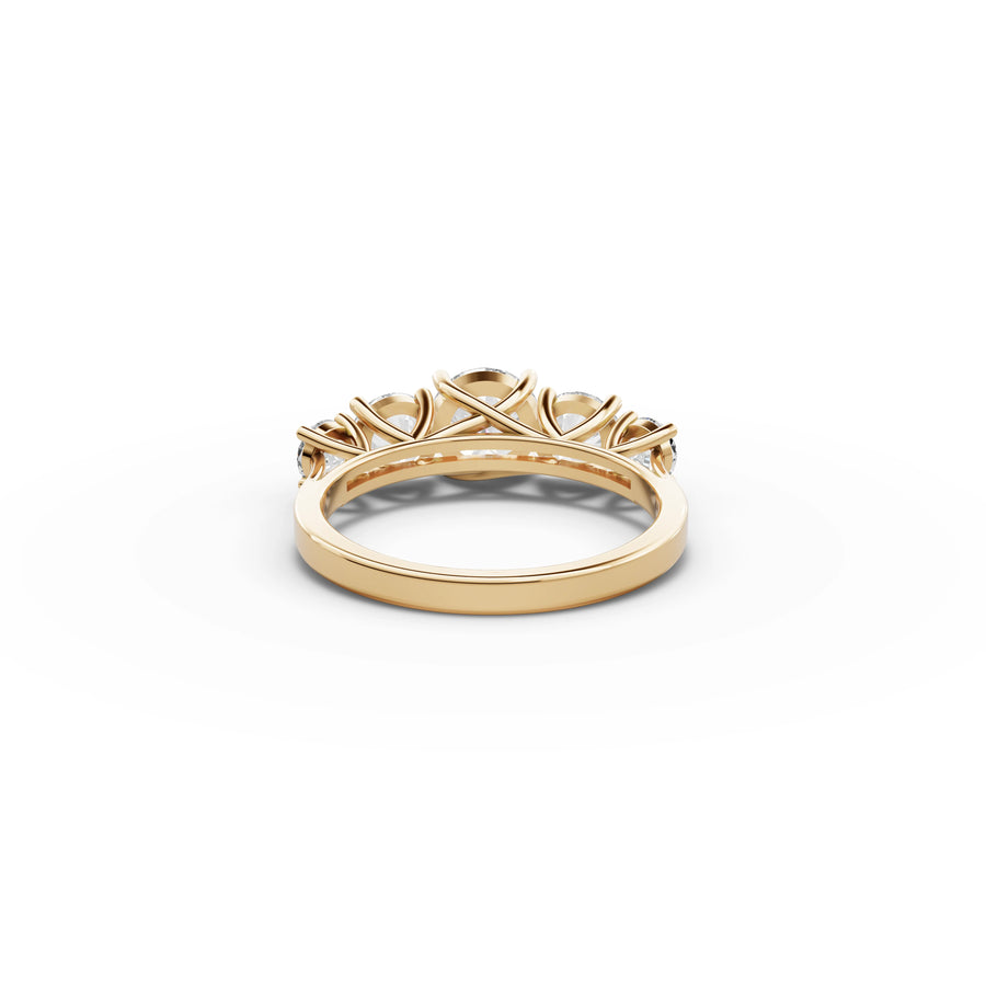 Lab-grown round five stone ring yellow gold close-up