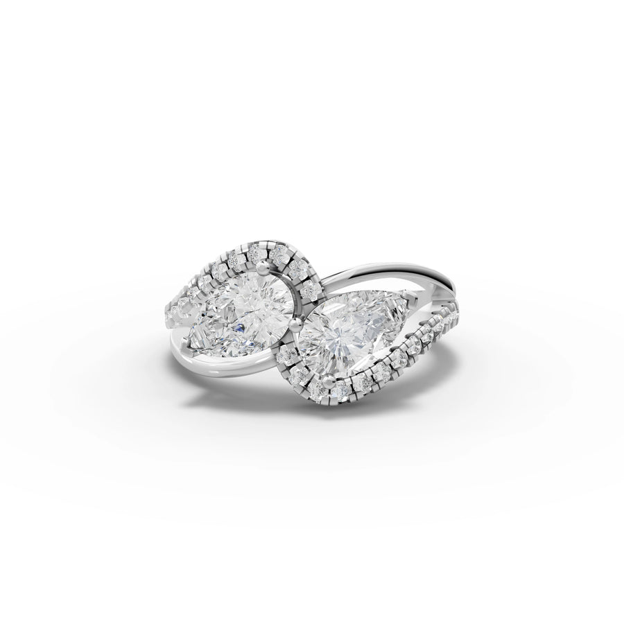 2.14 ct pear halo Toi et Moi lab diamond ring with two pear diamonds and split pavé band