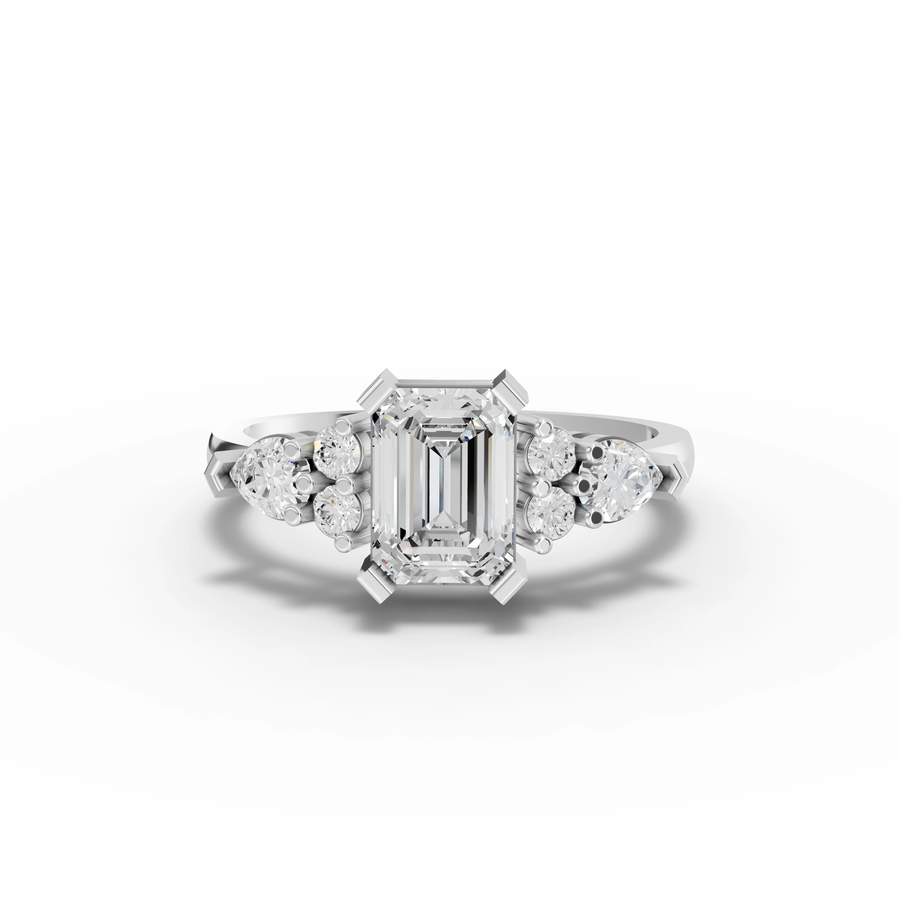 1.60 ct emerald lab diamond ring with 1 ct center stone and pear cluster accents