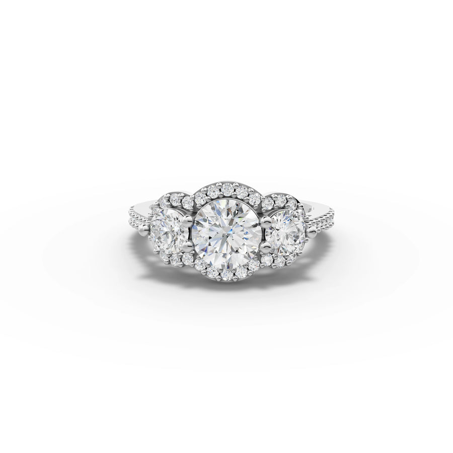 1.92 ct three stone halo lab diamond ring with 1 ct round center stone and pavé band