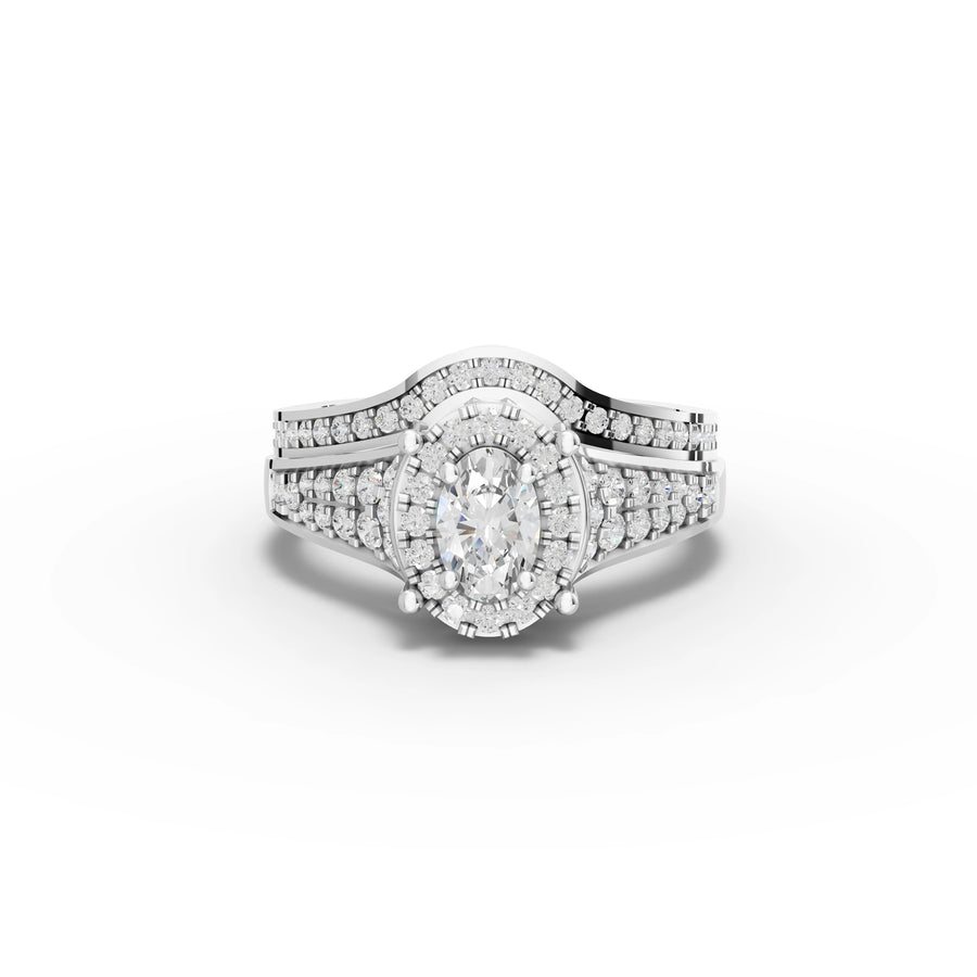 1.12 ct oval halo lab diamond bridal set with 0.5 ct center stone and double pavé bands