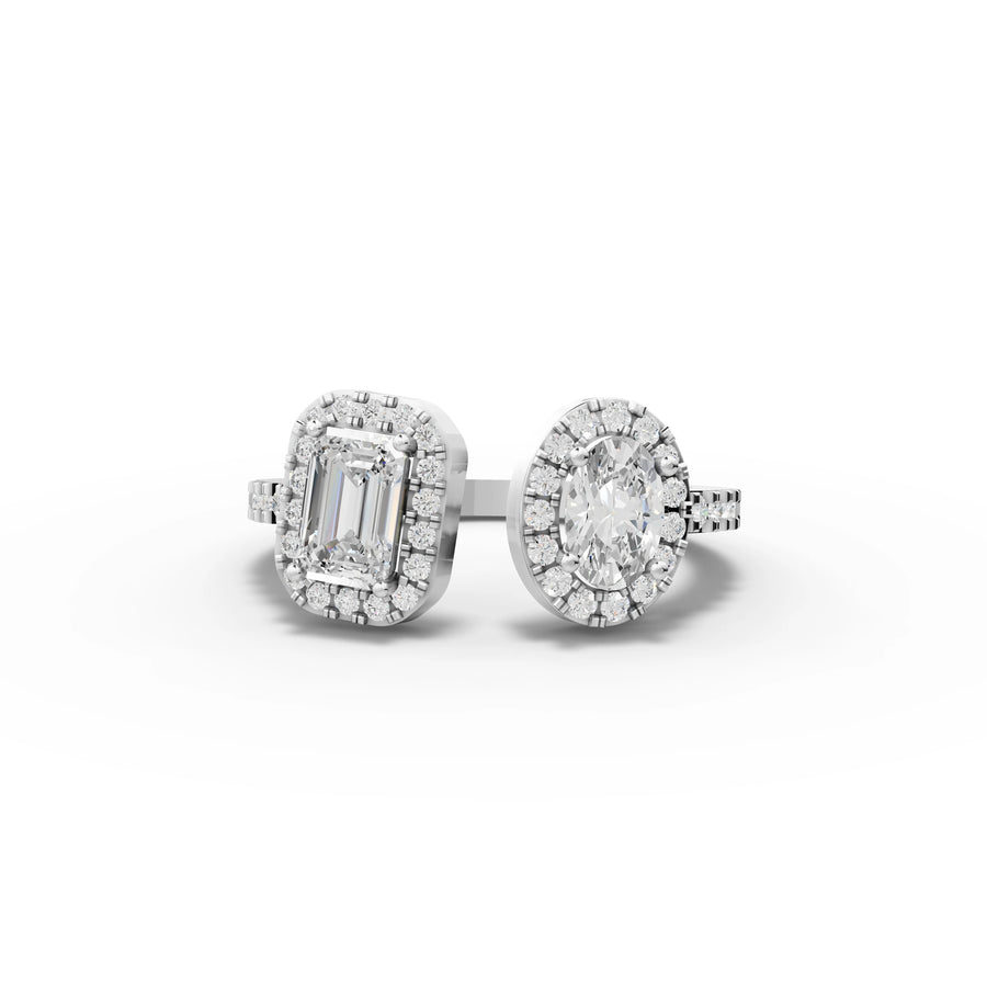 1.23 ct Toi et Moi lab diamond ring with oval and emerald-cut stones, mismatched halos, and pavé band