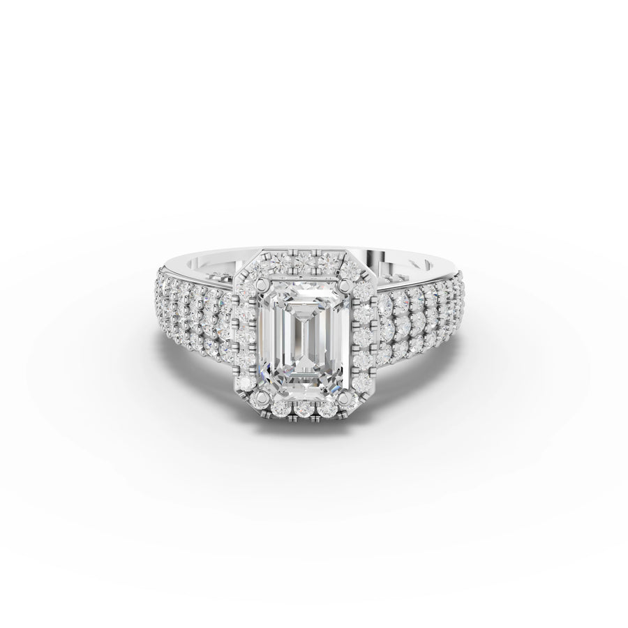 1.74 ct emerald halo lab diamond ring with 1 ct center stone and triple pavé band