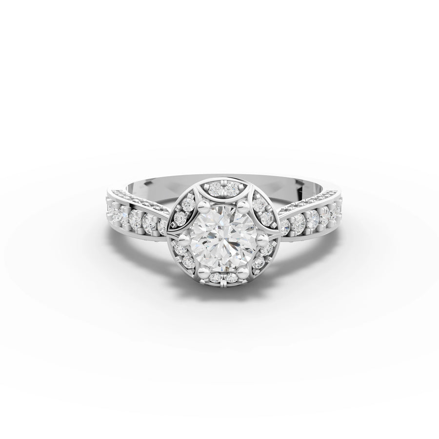 0.82 ct round halo lab diamond ring with 0.50 ct center and vintage pavé band