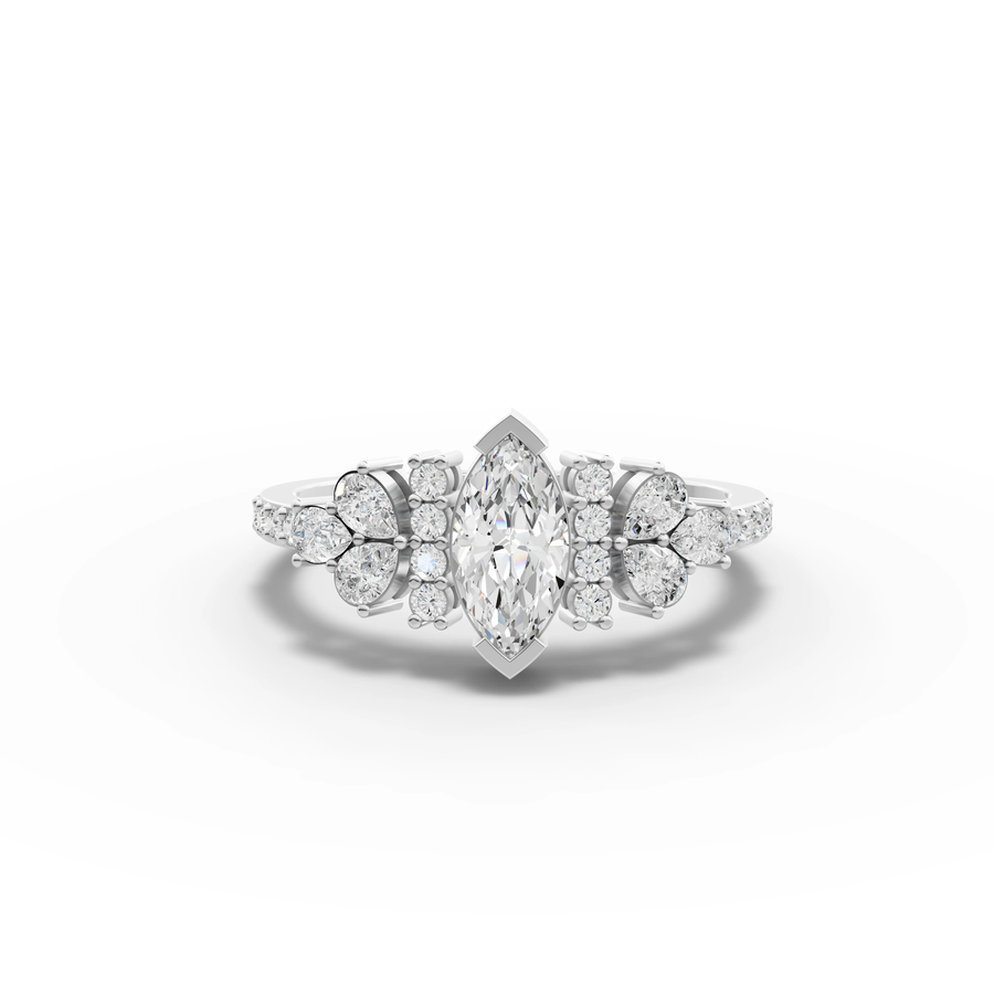 0.96 ct marquise floral lab diamond ring with 0.5 ct center and pavé band