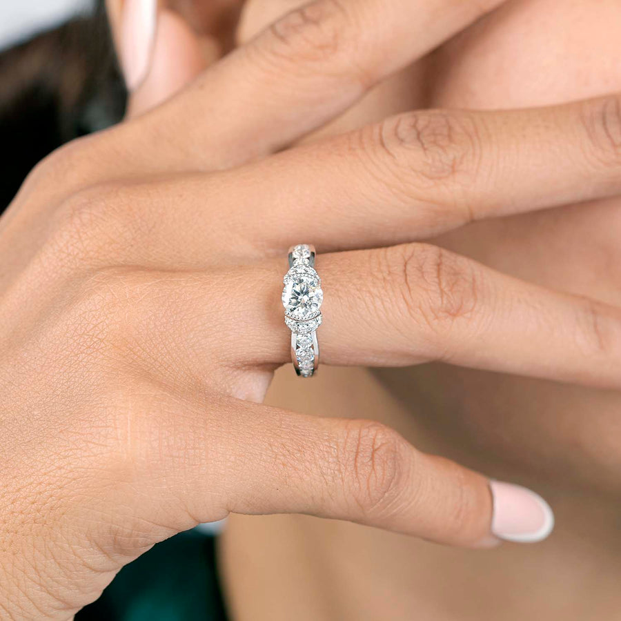 1.57 CT halo lab-grown diamond ring worn on hand