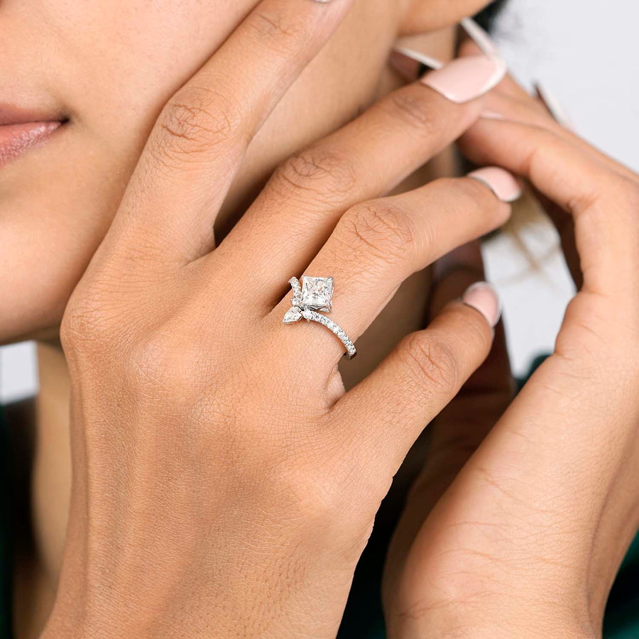 Model wearing princess pear diamond ring