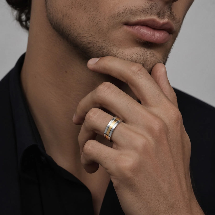 Two Tone Gold Matching Wedding Bands for Couples, worn on the hand 3