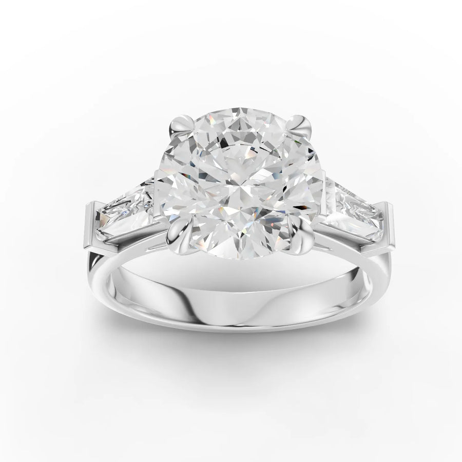 3.26 ct round three stone lab diamond ring with 2.5 ct center and tapered baguette side stones