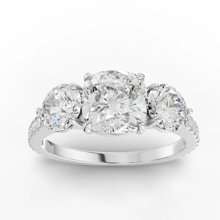 2.68 CT cushion three-stone pavé lab diamond ring with 1.50 CT center and round side diamonds